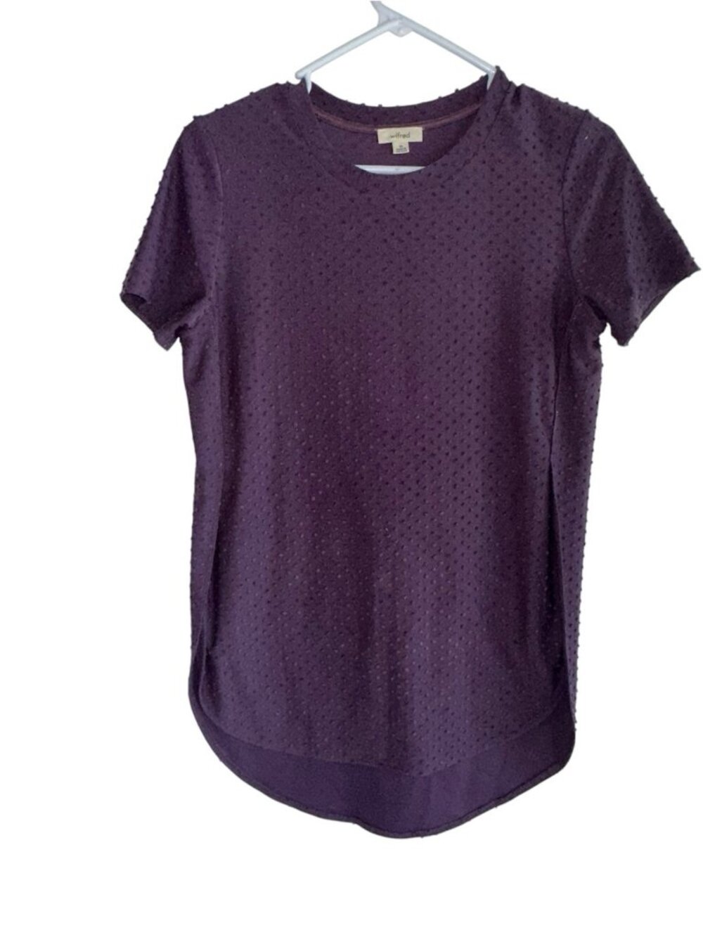 Wilfred Aritzia XS Purple Gray Swiss Dot Tee Textured Scoop Neck Tunic Nubs
